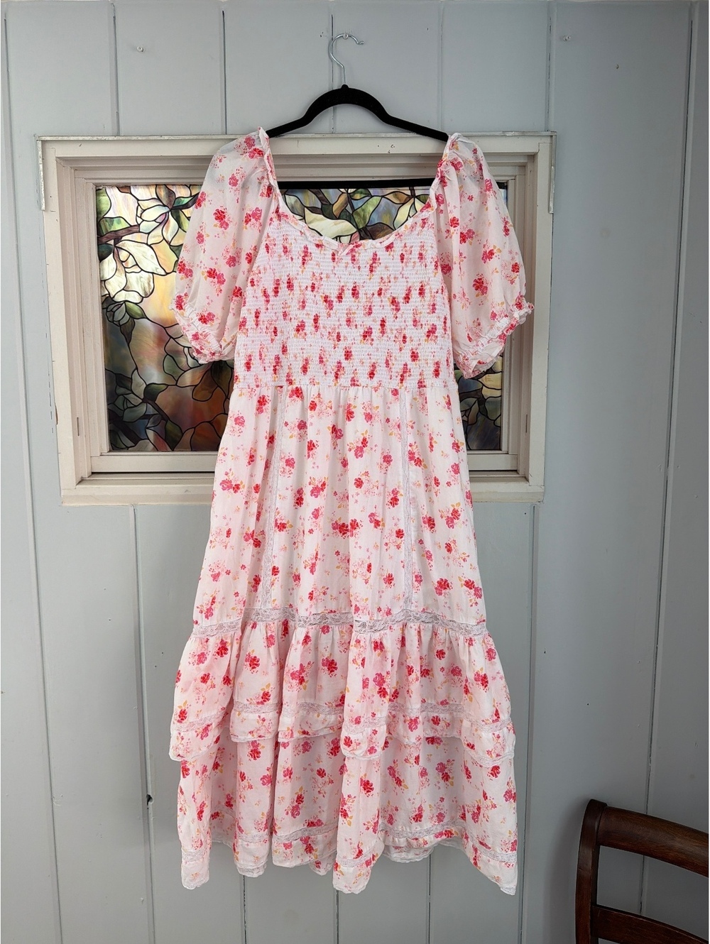 LoveShackFancy White pink Floral Smocked Puff Sleeve Dress size XL
